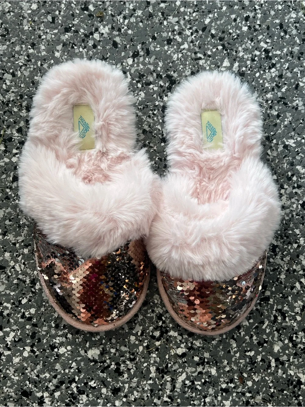 Thereabouts Girls Pink Rose Gold Flip Sequin Slippers Faux Fur Slides Sz 3/4
